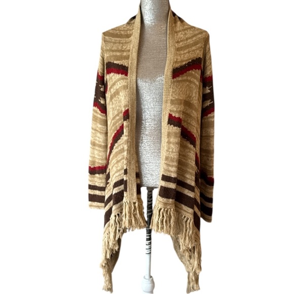 Ralph Lauren Ortega Southwestern Camel Muti Linen Blend Fringe Cardigan Size S/M - Picture 2 of 16